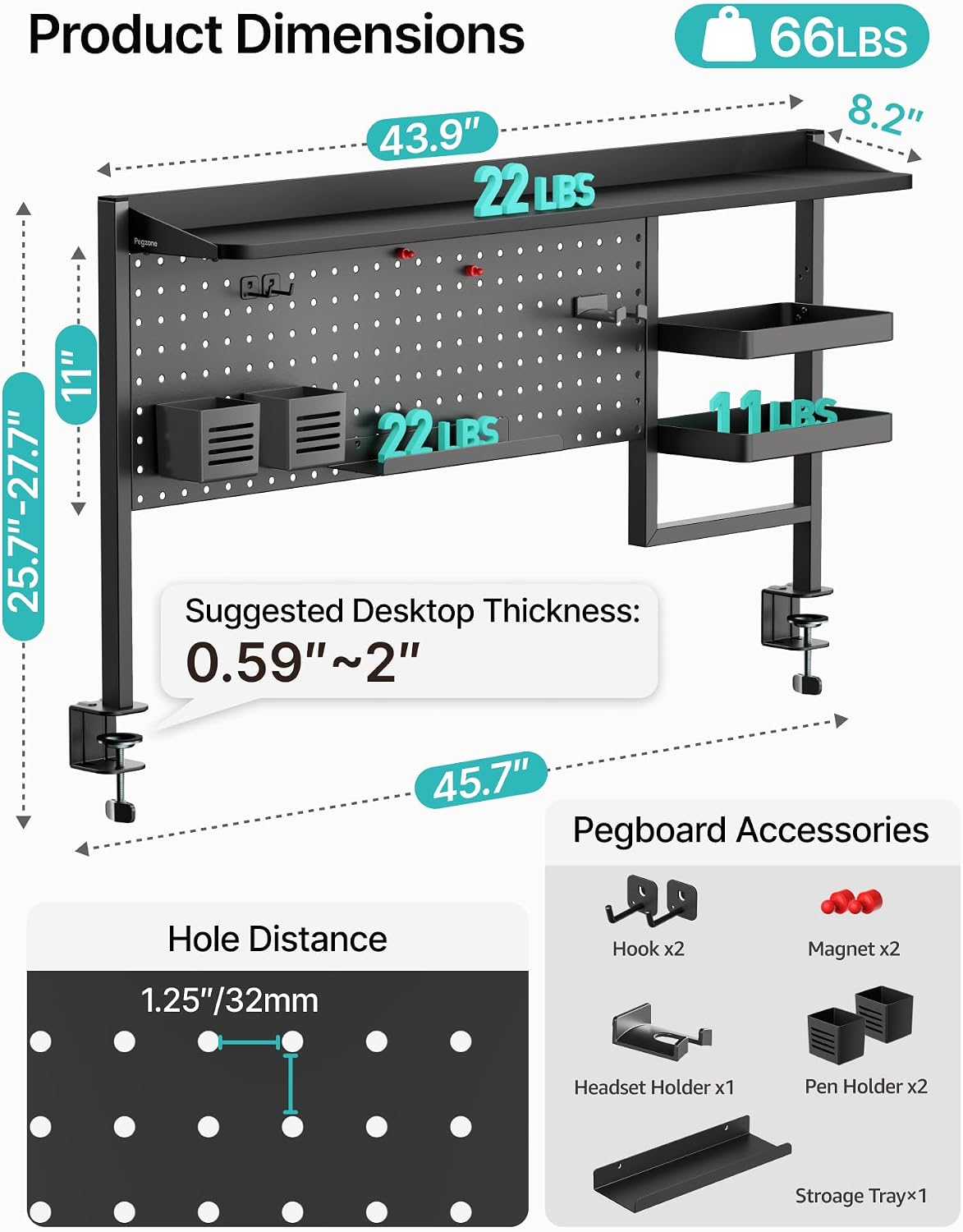 PEGZONE Clamp on Desk Shelf, 44" Desktop Shelving System, Black