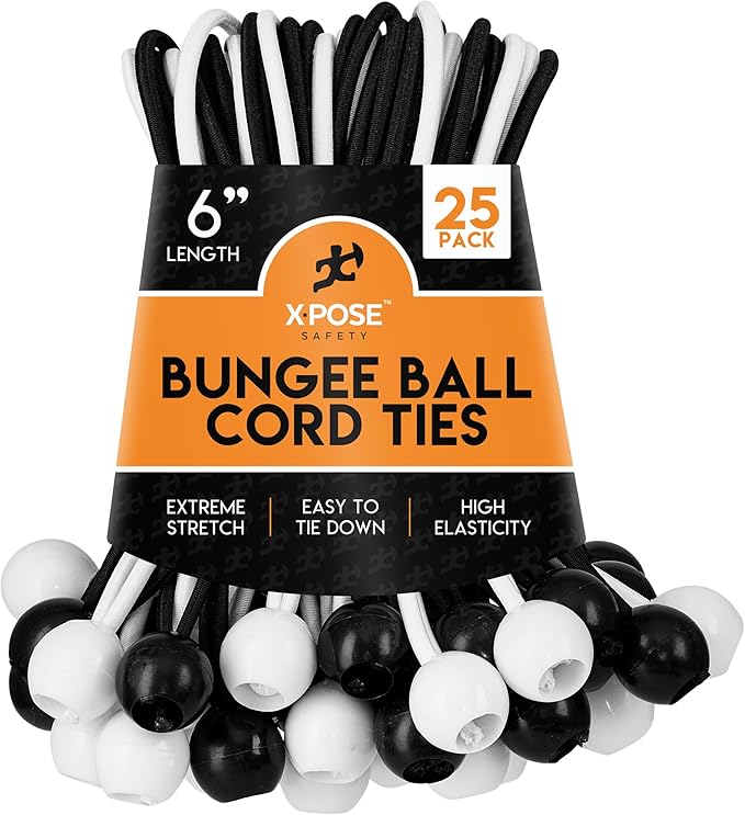 Xpose Safety Bungee Ball Cords 6" 25 Pack Heavy Duty Assorted Colors Black and White Stretch Rope with Ball Ties for Canopies, Tarps, Walls, Cable Organization