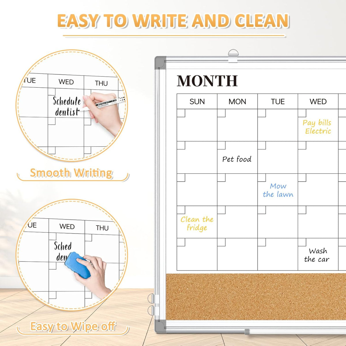 Monthly Dry Erase Calendar Whiteboard with Corkboard, 30" x 20", Silver