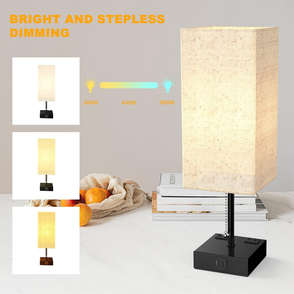 YIDPU Table Lamp for Bedroom with USB,Bedside Lamp with USB C+A Charging Ports,Adjustable 3color LED Light for Home Decor/Nightstand/Office,Included Bulb and Fabric Lamp Shade (Linen White, 2PCS)