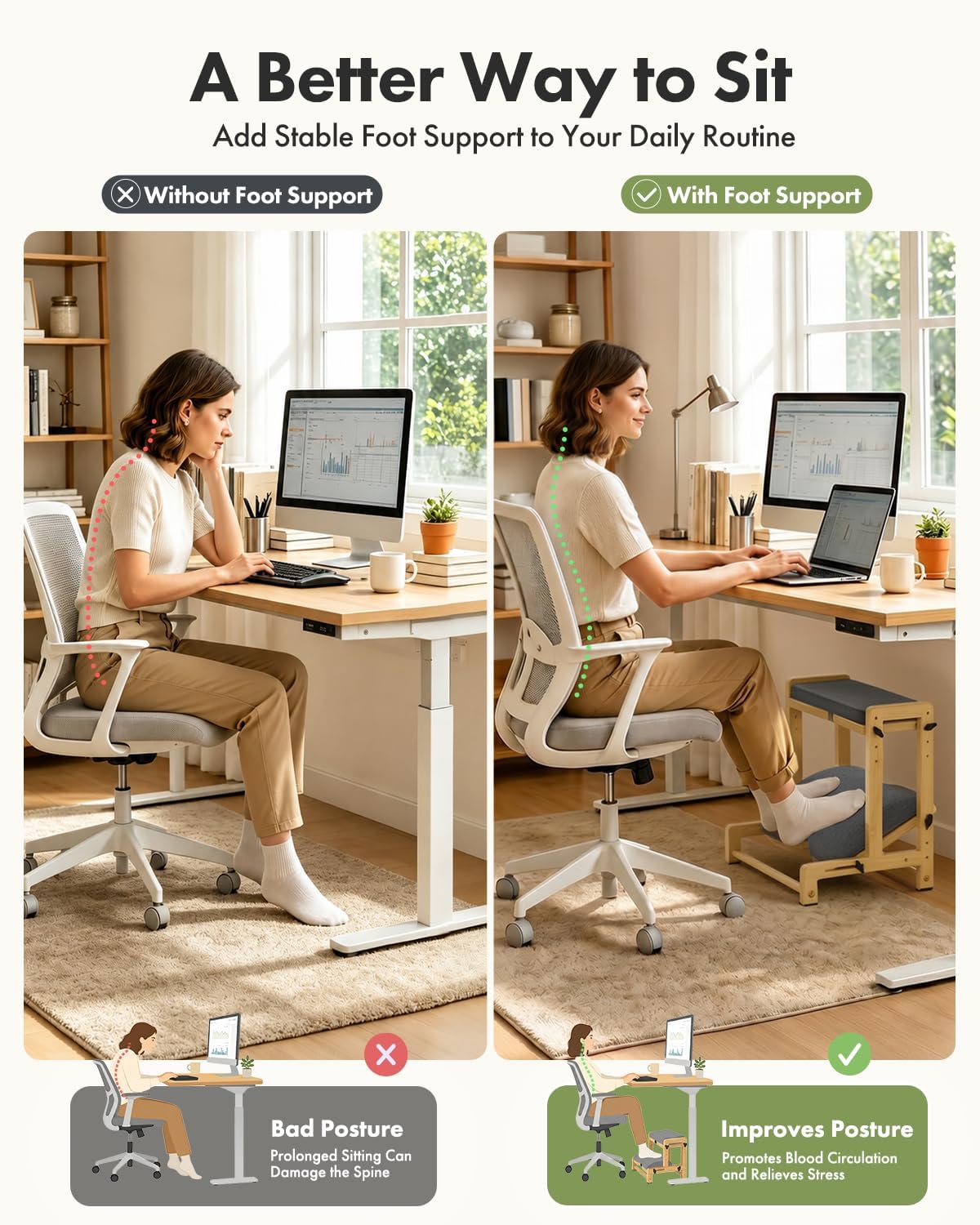 Amazer Double Step Foot Rest for Under Desk, 4 Adjustable Heights Bamboo Under Desk footrest with Soft Cushion, Dual-Layer Desk Foot Stool for Office Home Gaming, Natural Wood Foot Rests for Work