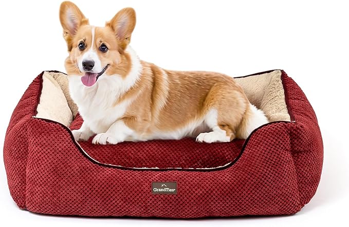 GRANDTIES Fluffy Dog Beds for Small Medium Large Dogs & Cats, Machine Washable Dog Bed, Rectangle Breathable Soft Calming Sleeping Warming Pet Beds with Waterproof & Non-Slip Bottom (M 34", Cherry)