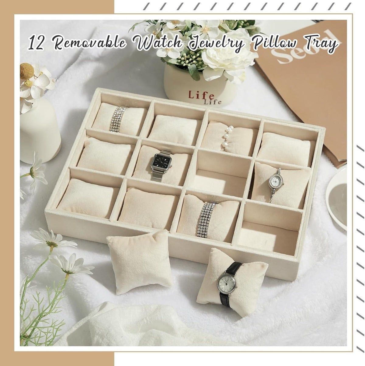 Henoyso 12 Grid 2 Pack Watch Organizer Drawer Bangle Tray Stackable Beige