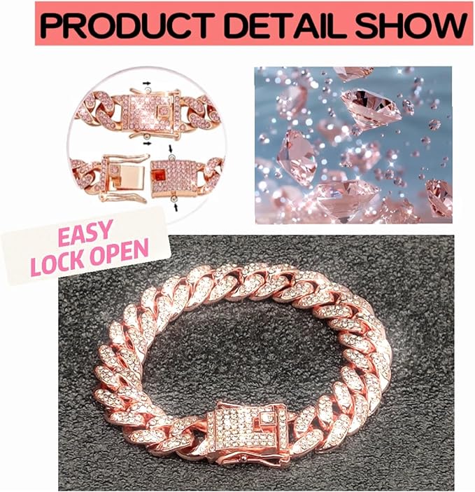Cuban Link Dog Chain Collar Rose Gold Crystal Dog Necklace Metal with Design Secure Buckle Pet Collar Jewelry Accessories for Small Medium Large Dogs Cats(Rose Glod 18inch)