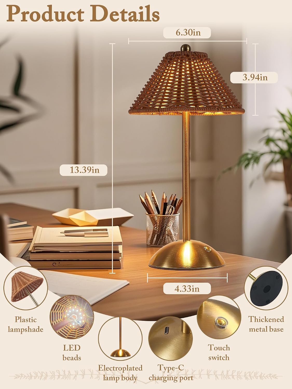 2 Pack Boho Woven Table Lamp, LED Rechargeable Night Light (Orange Brown)