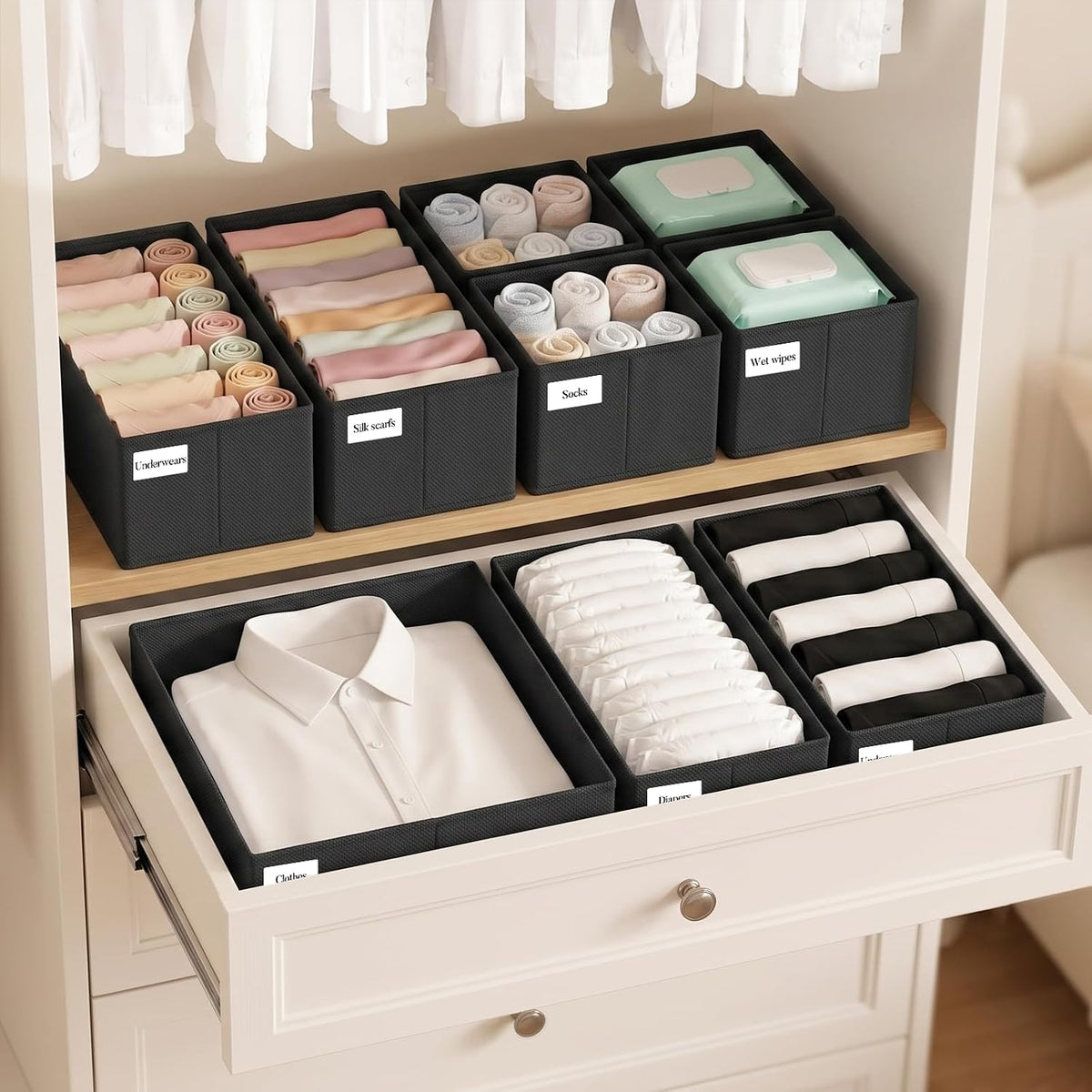 Drawer Organizer Storage for Clothes, Socks, 21 Pack, Black