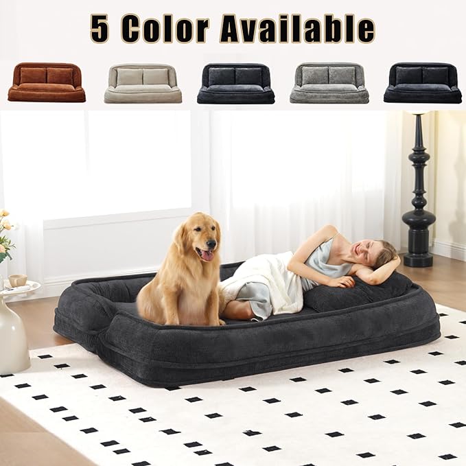 Double Human Dog Bed for Adult and Kids, Comfy Foldable Lazy Floor Loveseat Sofa Bed with 5 Adjustable Position, Upholstered Floor Bean Bag Lounger Chair for Bedroom, Living Room,Office (Dark Gray.)