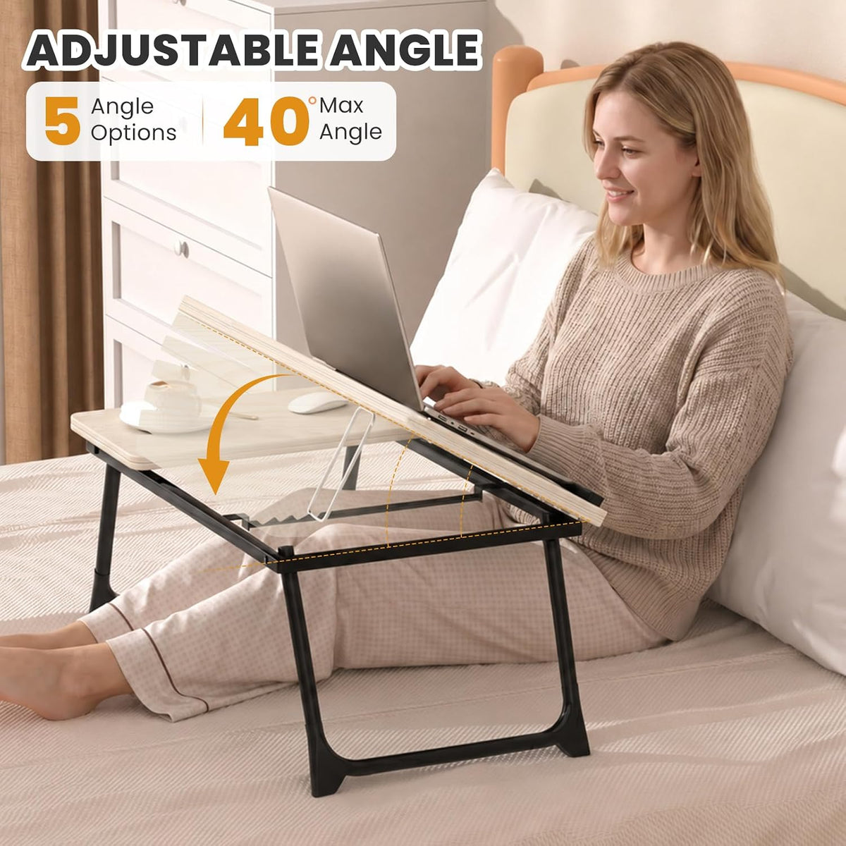Laptop Bed Desk, 5-Angle Adjustable Bed Laptop Table with Cup Holder