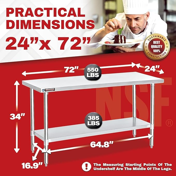 DuraSteel 24x72 Stainless Steel Work Table - NSF Commercial Prep Metal Table - Outdoor Pizza Oven Stand w/Under Shelf - Kitchen Island Laundry Utility Garage Microwave Stand Rolling Storage Cart Vevo