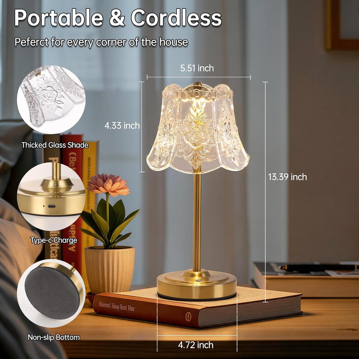 Shenmoyl Cordless Touch Table Lamp with 5200mAh Battery - 3 Adjustable Color Temperatures & Dimmable, Rechargeable Desk Lamp for Bedroom, Living Room, Office, Entryway, Bookshelves (Transparent Rose)