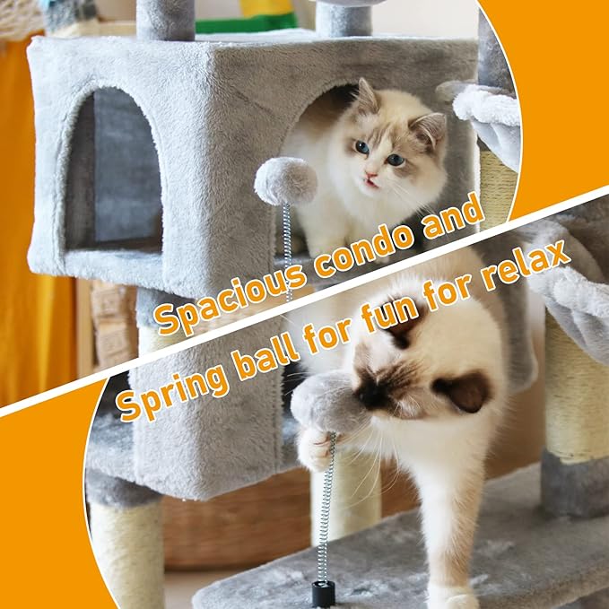 KIYUMI Cat Tree Cat Tower Condo with Sisal Scratching Post for Indoor Cats Cat Tree Cat Furniture with Hammock Perch and Kitten Ball Toys, Multi-Level Pet Activity Center Grey