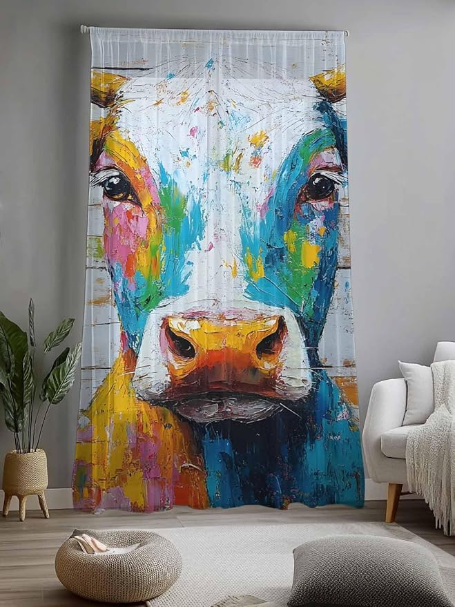 Sheer Curtains 96 Inches Long, Funny Colorful Cow Semi Sheer Curtains Light