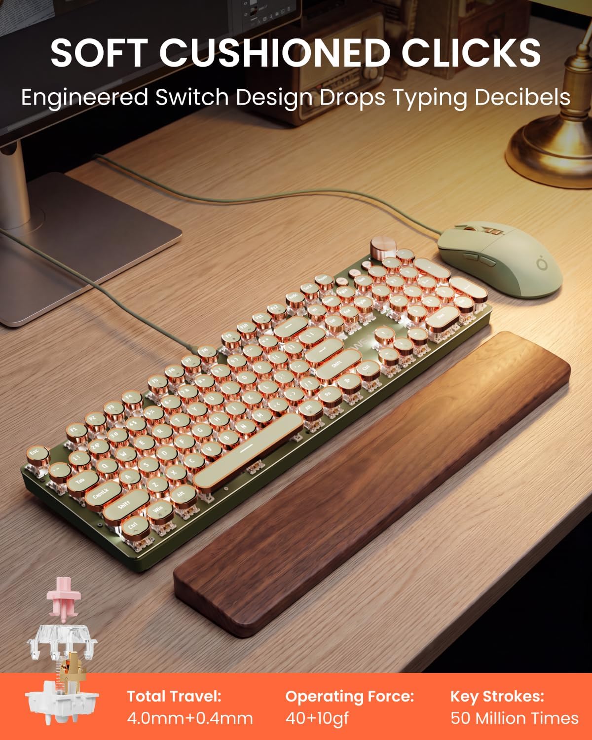Wired Typewriter Keyboard and Mouse Combo, White Backlit, Soft Clack, Green