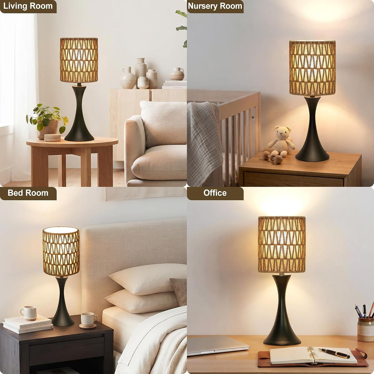 Rattan Table Lamp, 3 Way Touch Control Bedside Lamp with Dual-Layer Shade