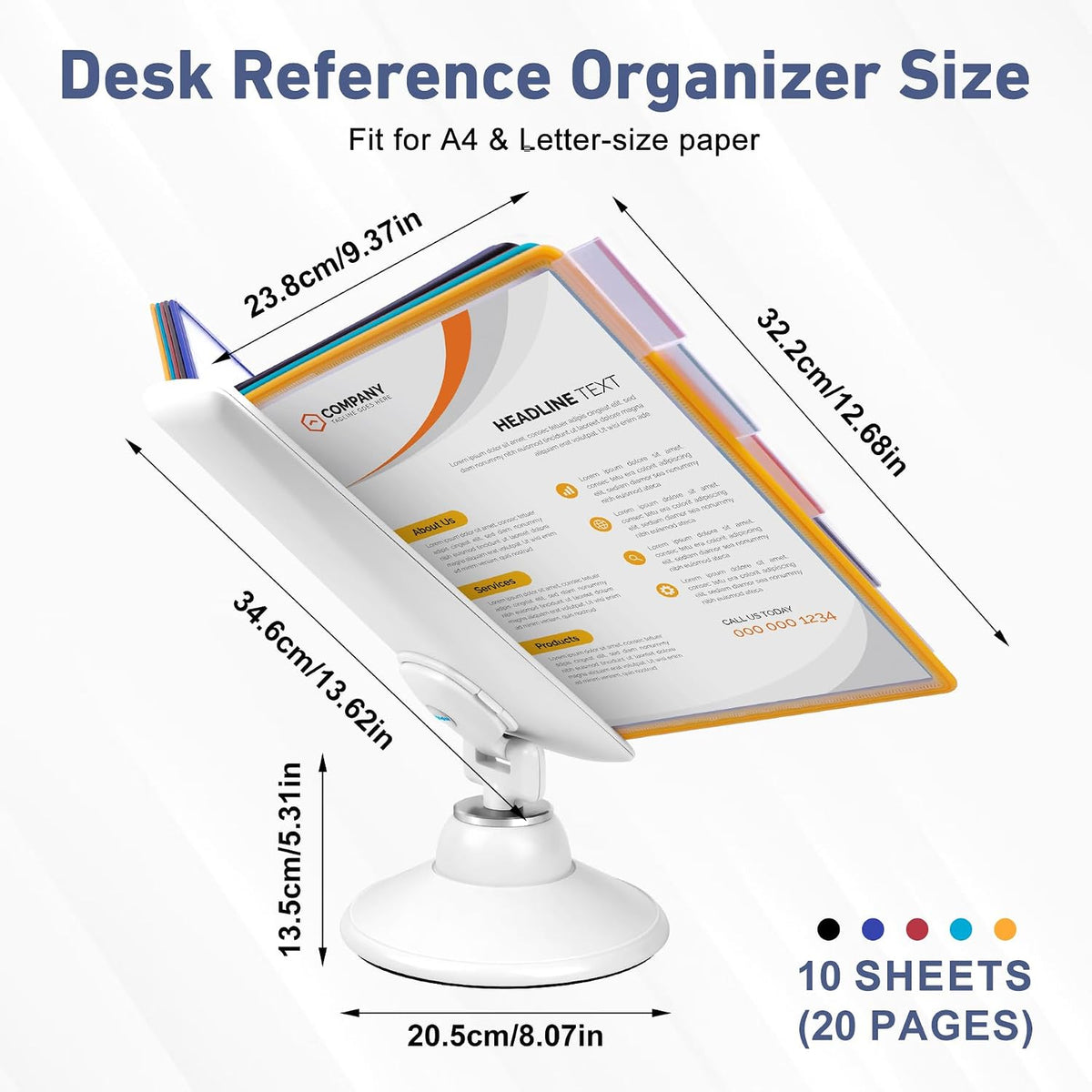 10-Pocket Desk Reference Organizer with 360° Swivel Base & 10 Double-Sided Panels Holds 20 Sheets A4/Letter Size Paper, Fast Flip & Find Desktop Reference System with Colored Index Tabs, White