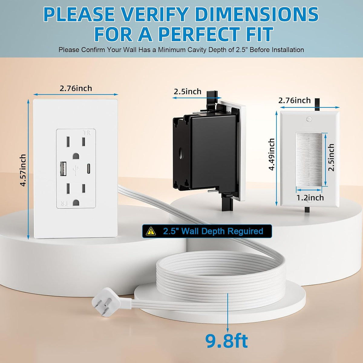 in Wall Cable Management Kit,Recessed Outlet Box for Wall Mount TV,Recessed Power Box with AC/USB-C/USB-A Ports & 9.8ft Extender for Unreachable Outlets,Hide TV Cords & Cables