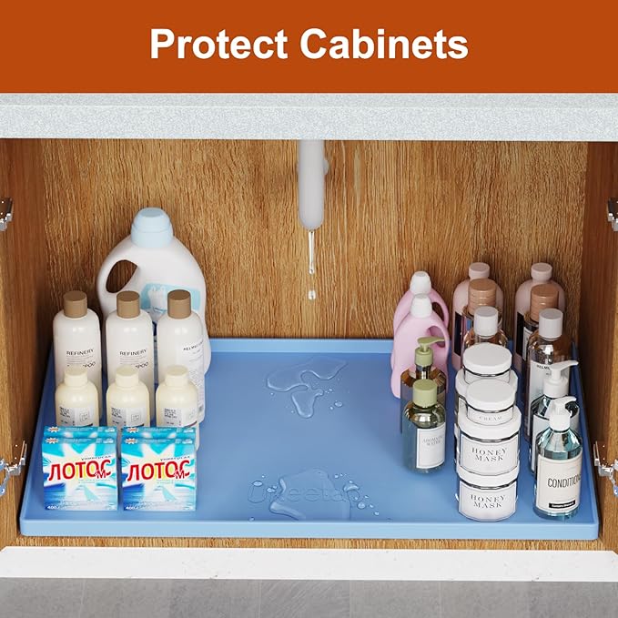 Extra Thick Silicone Mat Waterproof with Raised Edge 22" x 19", Under Sink Mat for Kitchen & Bathroom, Kitchen Cabinet Liner, Multi-Purpose for Storage & Protection, Blue
