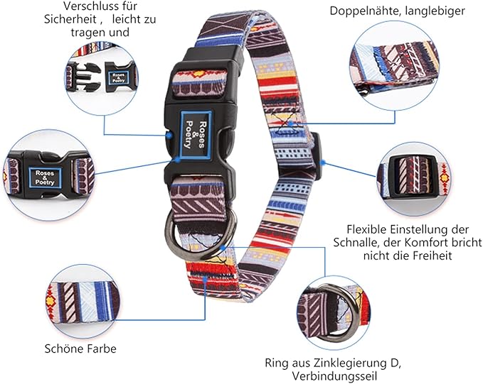 Roses&Poetry Dog Collar with Colourful Stripe Patterns, Adjustable Durable Puppy Collars for Small Medium Large Dogs (Stripe-XS)