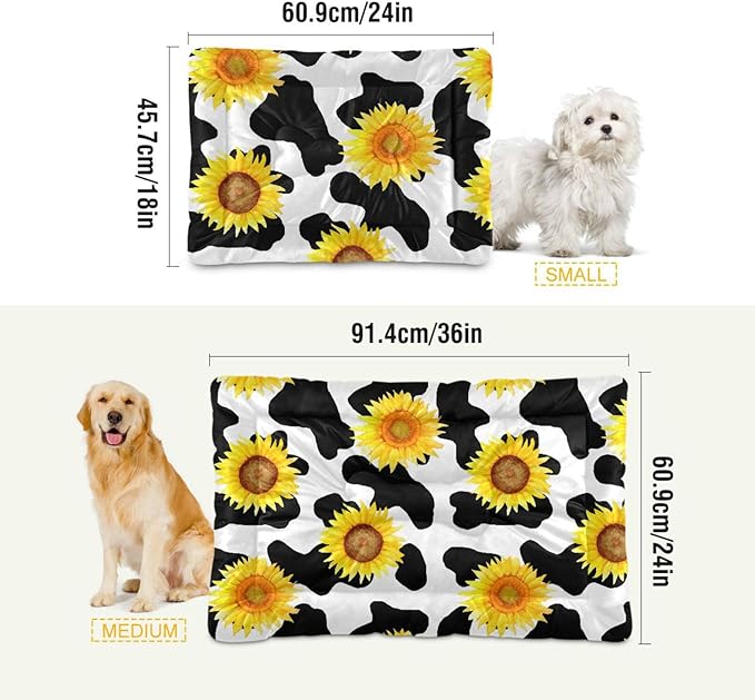 Pet Bed Milk Cow Print Sunflower Dog Bed Mat Absorbing Non Slip Pad Pet Sleeping Mat for Small, Medium, and Large Dogs Puppy Cat 36 in x 24 in