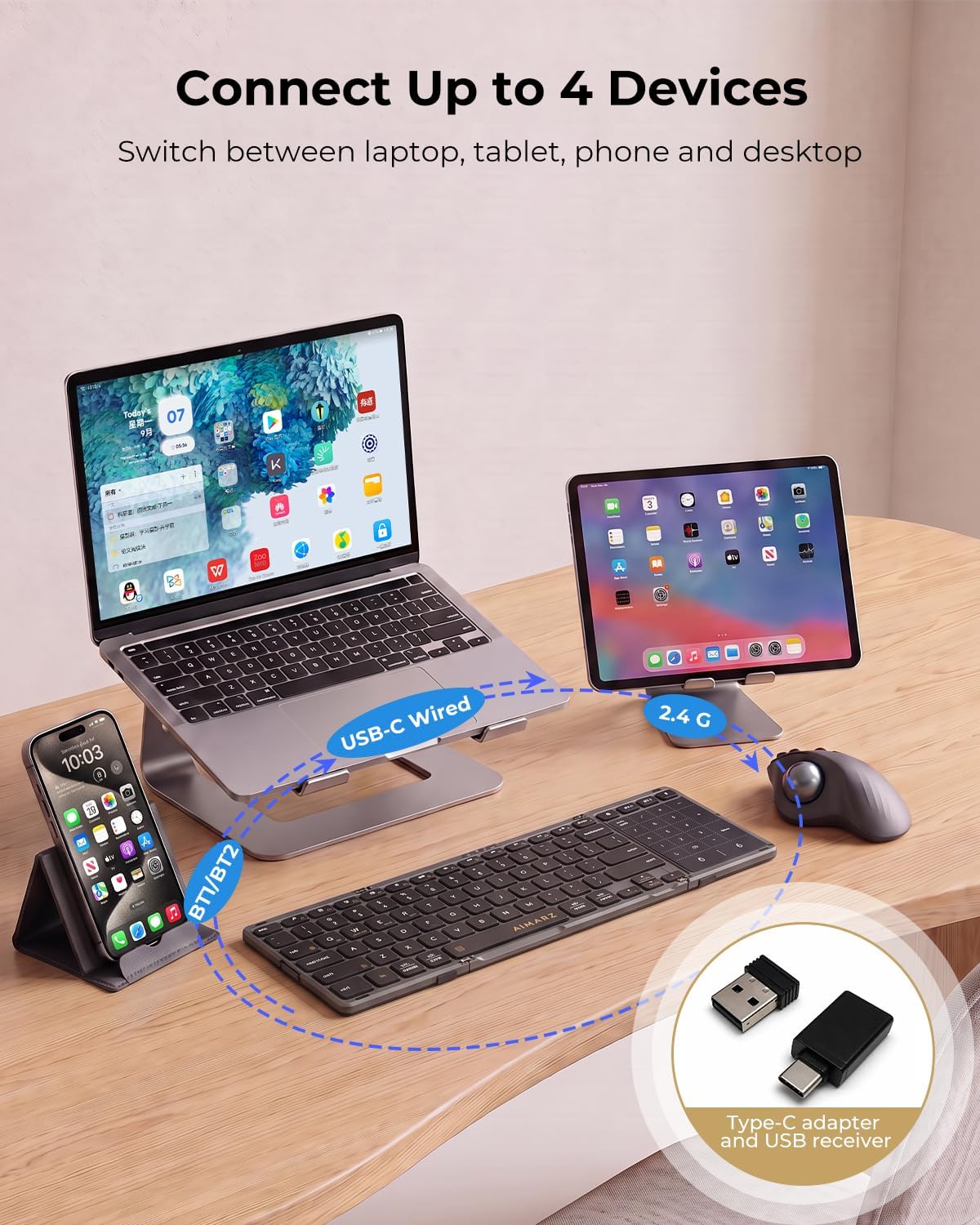 AIMARZ AF01 Foldable Keyboard, Full-Size Keys, Touchpad/Number Pad, Black
