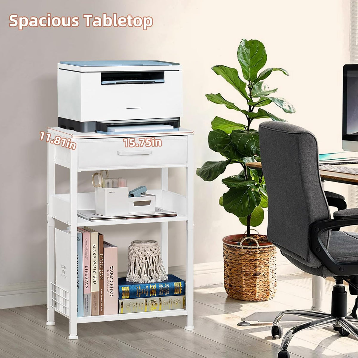 Lerliuo Printer Stand with Storage, 3-Tier Printer Table,White