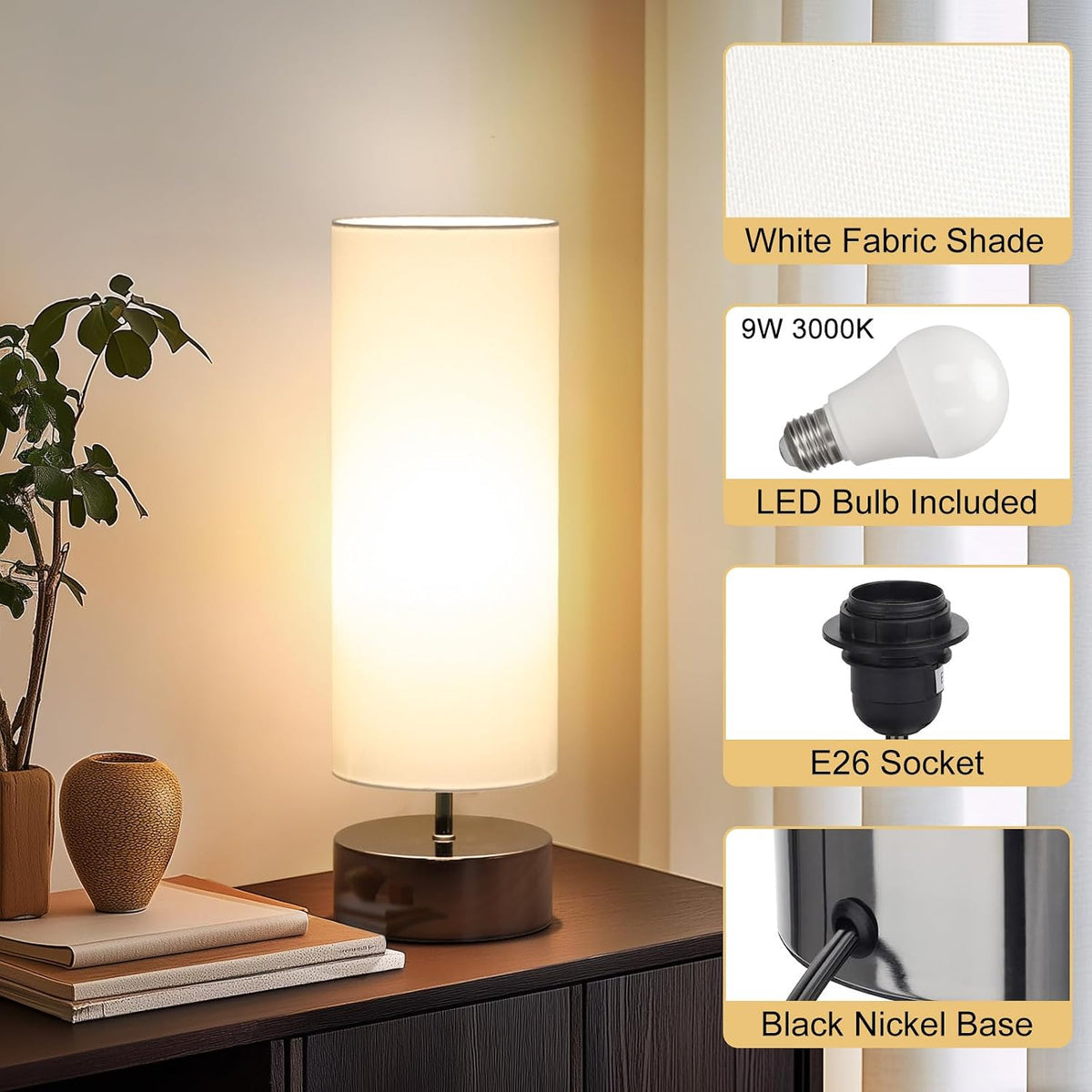 Touch Table Lamp, 3-Way Dimmable Bedside Lamp with Cylinder Fabric Shade