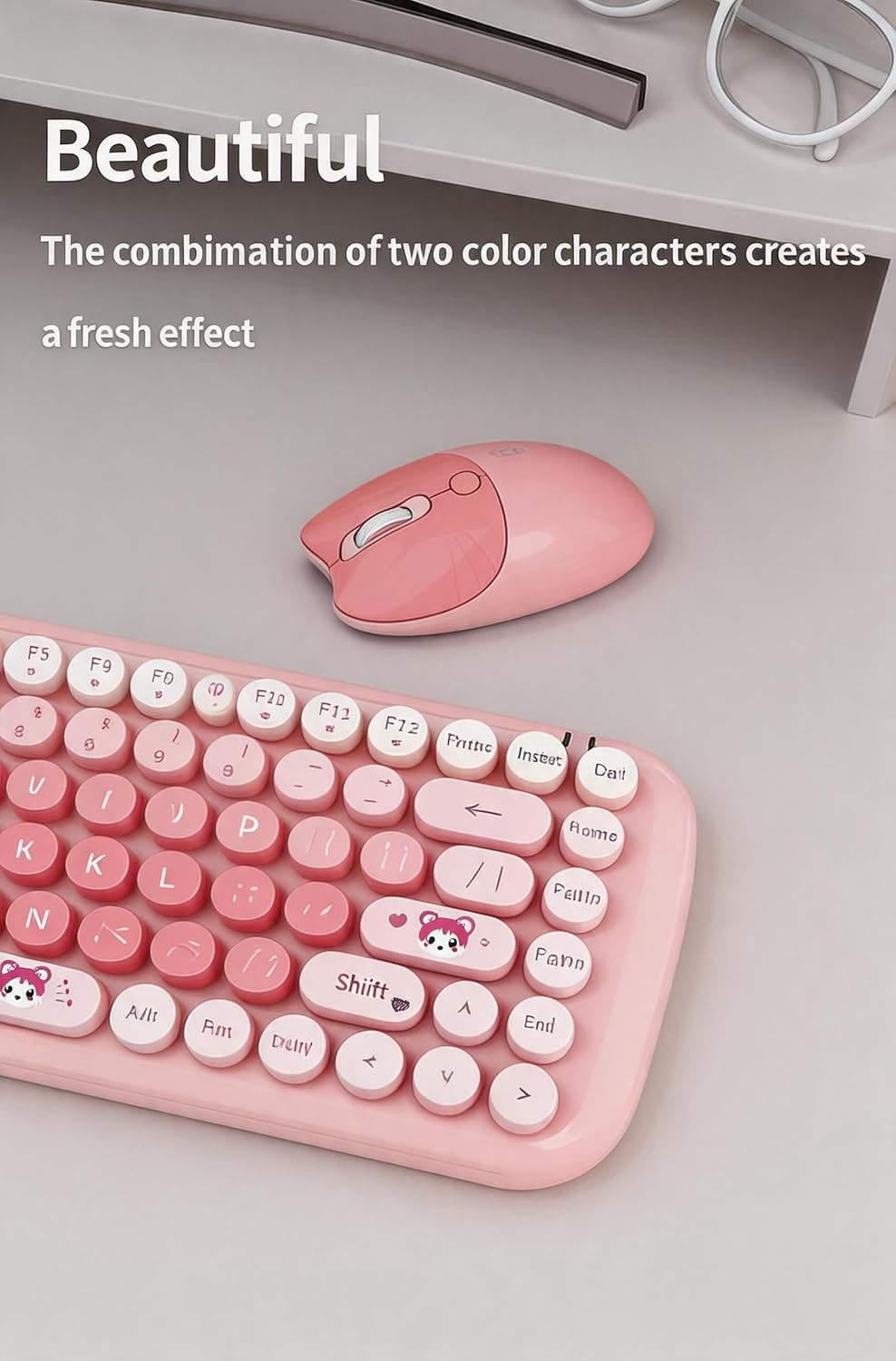 Candy Mini Wireless 2.4G USB Keyboard Mouse Set Round Keycap Multi-Colour Cute Lovely for Girls 84 Key (Multicolor Pink)…