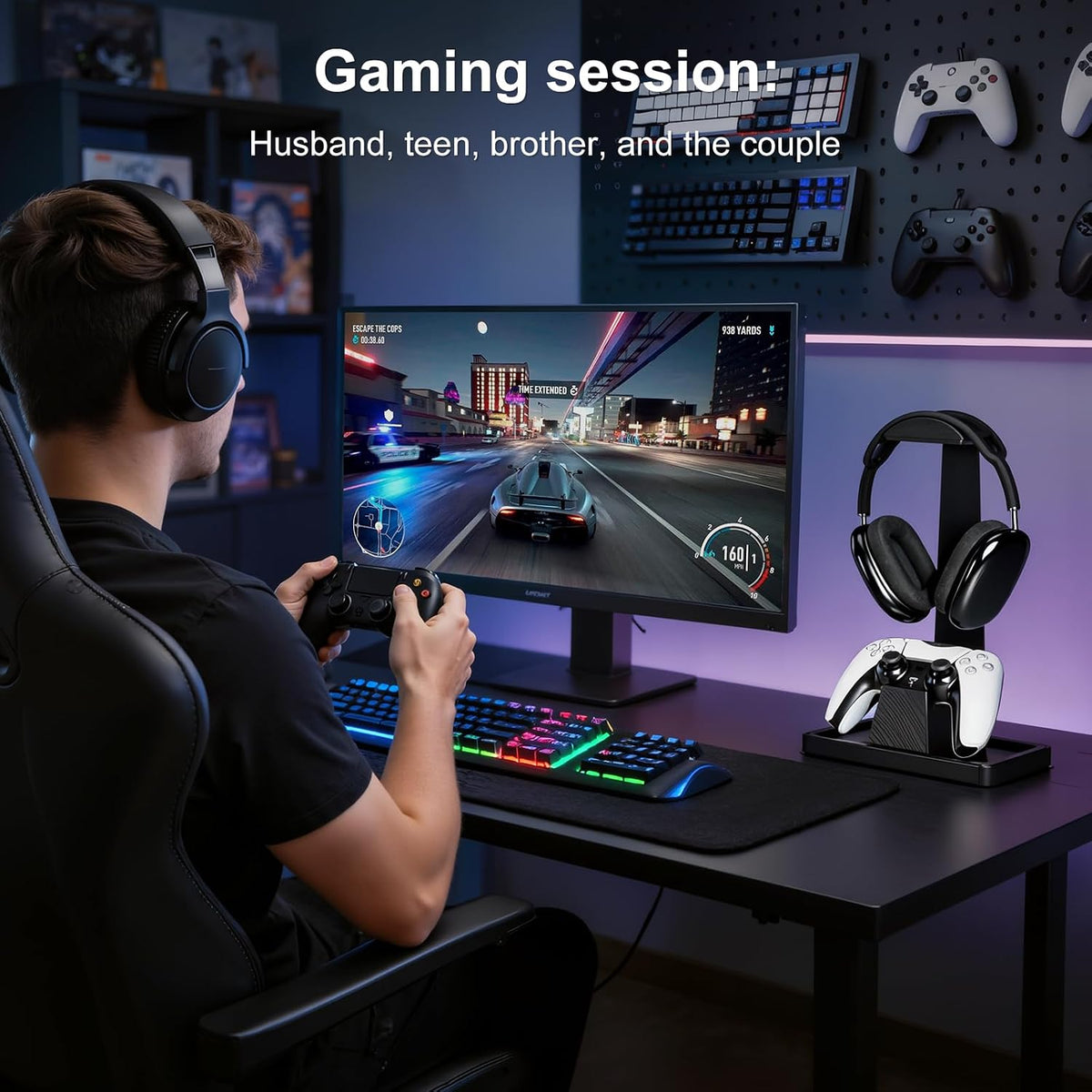 UPERGO Solid Wood Headphone Stand with Controller Holder for Desk
