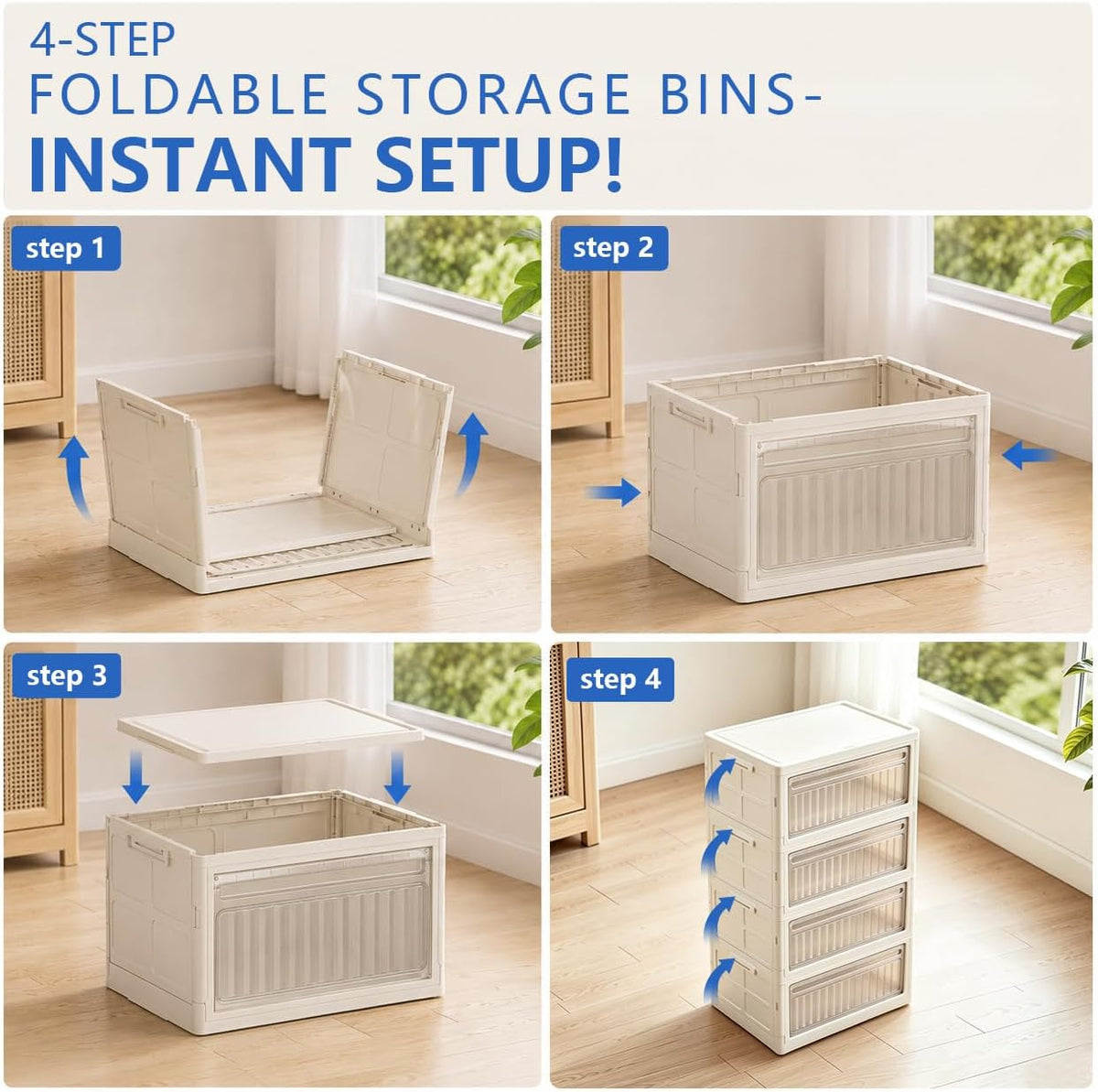 106QT Stackable Storage Bins with Lid, 4-Tier Collapsible Storage Cabinet