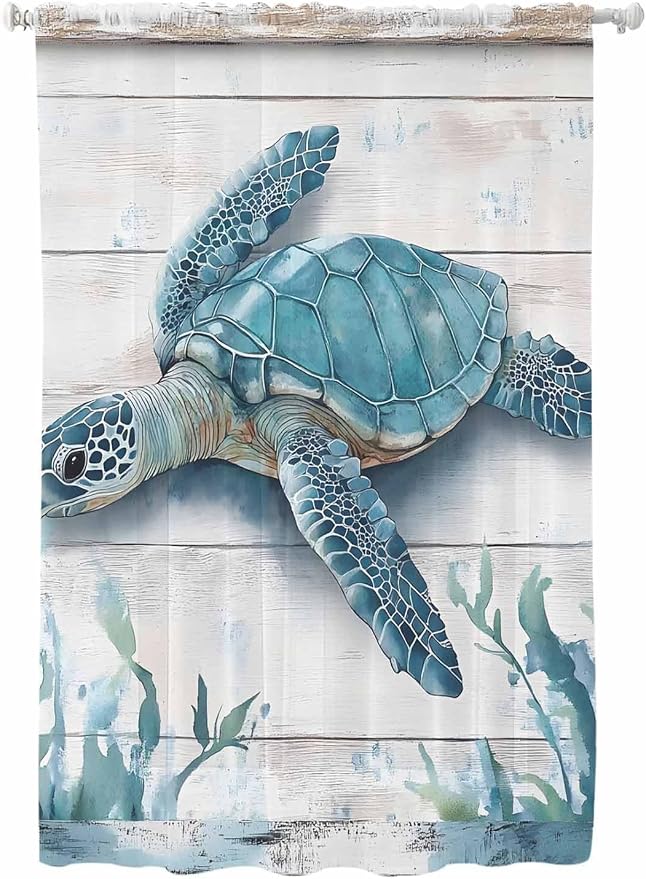 Sheer Curtains 63 Inch Length, Teal Green Sea Turtle Semi Sheer Curtains Light