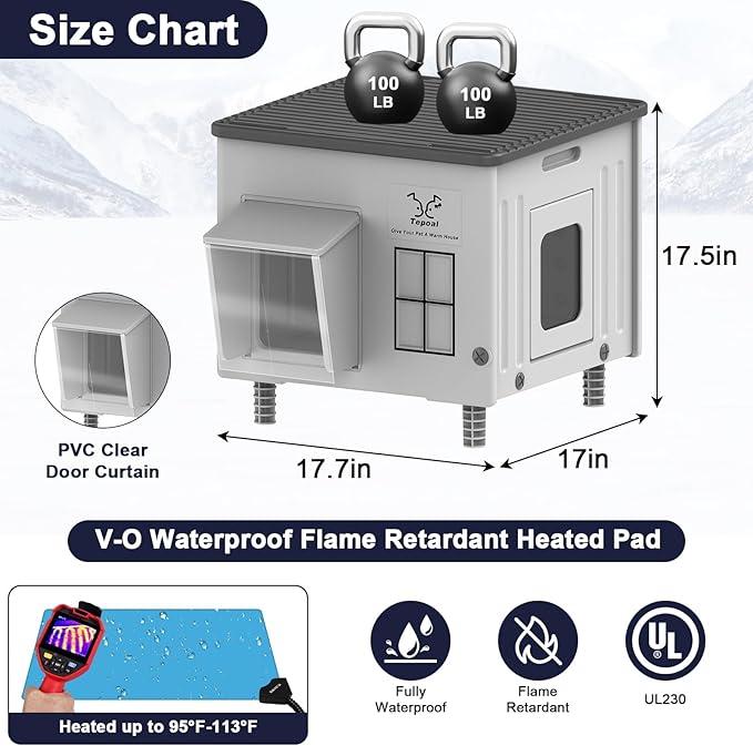 Tepoal Plastic Heated Cat House for Outside Winter, 100% Weatherproof & Insulated Outdoor Feral Cat Shelter with Safety Escape Door, Stackable Cat House with Heater for Barn Cat, Grey 17.7"x17"x17.5"