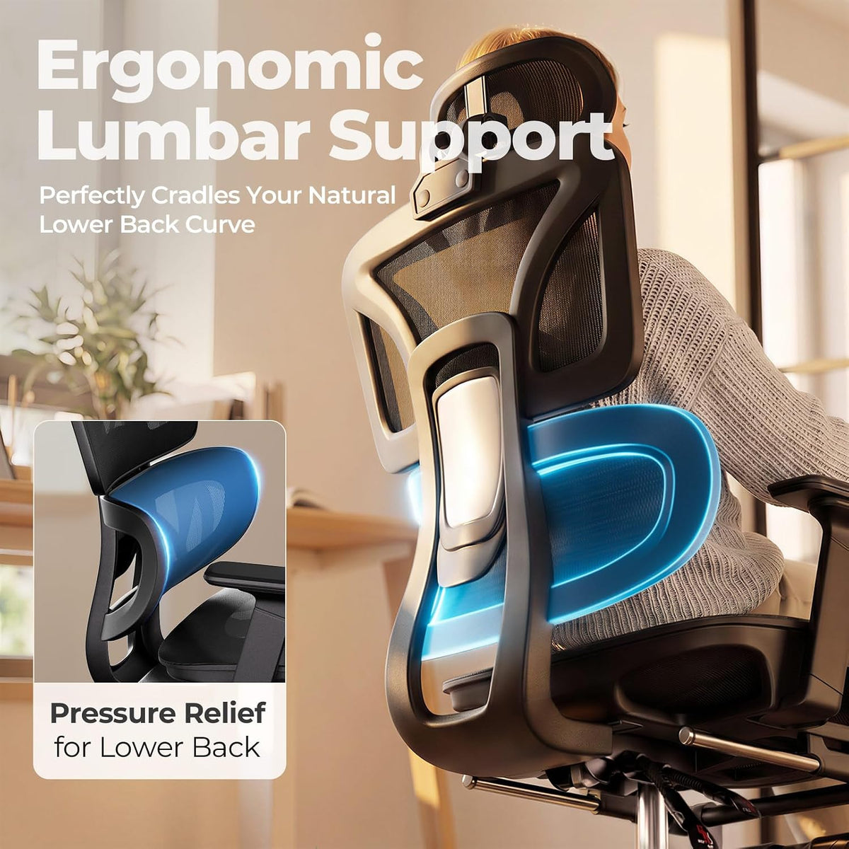 HLDIRECT Ergonomic Office Chair with Footrest, 135° Recline&Lumbar Support