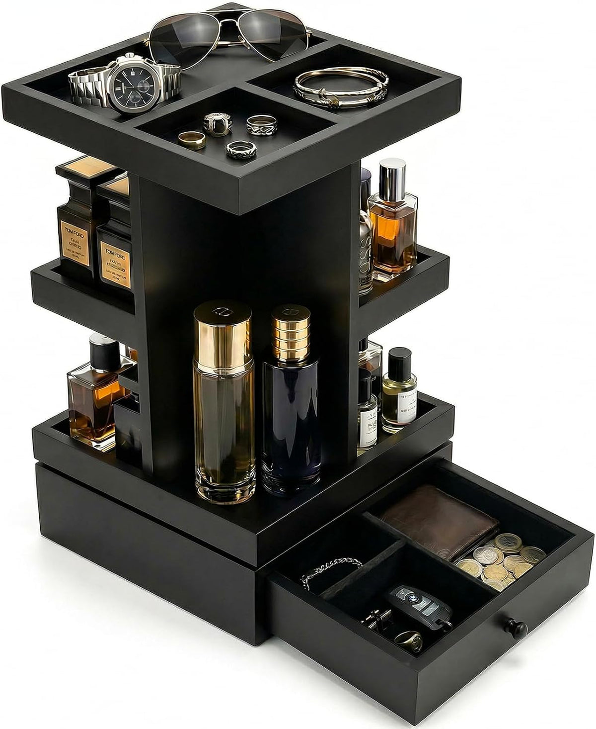 4-Tier Rotating Cologne Organizer for Men, Modern Black