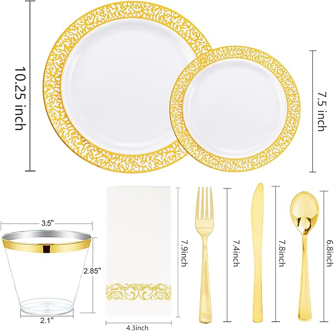 bUCLA 350PCS Gold Plastic Plates Disposable