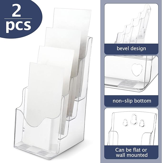 Crtiin 2 Pack 4 Tier Acrylic Brochure Holder Display Stand 4 x 9 Inch, Pamphlet Organizer Flyer Literature Clear Plastic Wall Mount Countertop for Classroom Booklets Magazines Office Home(4 x 9 Inch)