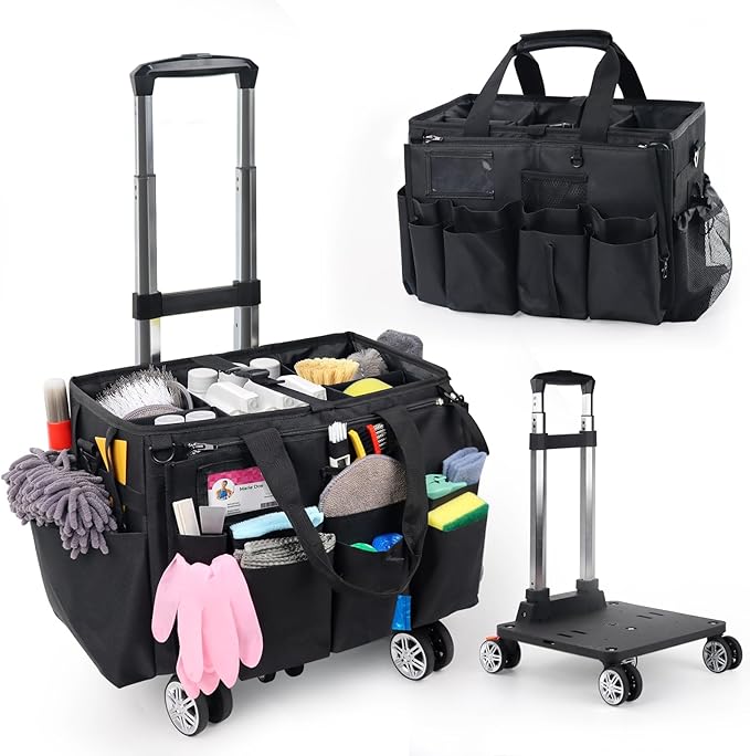 Rolling Cleaning Caddy Bag with Detachable Trolley, Multi-Functional Portable Cleaning Cart Supplies Organizer for Housekeeping and Domestic Cleaning, Cleaning Caddy with Wheels, Black