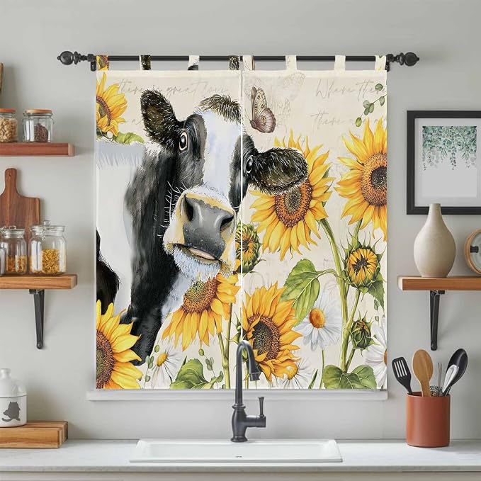 Yellow Sunflowers Bathroom Curtains 63 Inch Length, Window Curtains Tab Top