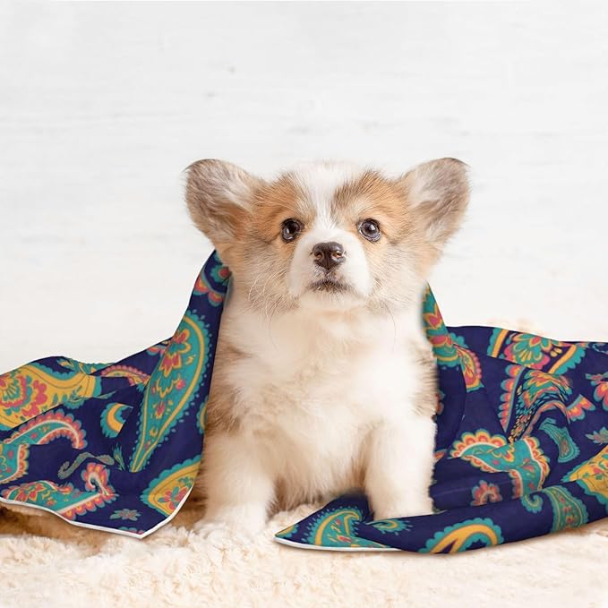 Reversible Plush Throw for Dogs and Cats, Colorful Paisley Flowers, Double Sided Blanket with Nubby Dot Side and Sleek Side Ideal for Cuddling Nesting Security
