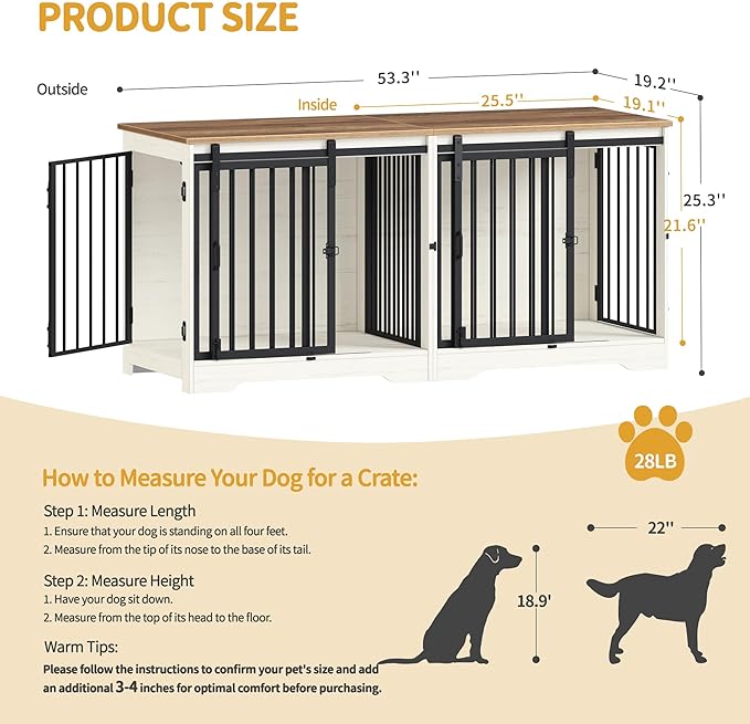 54" Dog Crate Furniture for 2 Dogs, Double Dog Cage with Divider, Wooden Heavy Duty Dogs Kennel, Pet Cage with Barn Door, TV Stand for Large Small Medium Pet, White Brown DFC88314B
