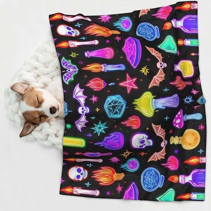 Reversible Plush Dot Pet Blanket for Dogs and Cats, Halloween Goth Skull Bat Mushroom Witchy Witch, Ultra Soft Two Sided Design with Warm Fuzzy Side and Smooth Side for Comfort