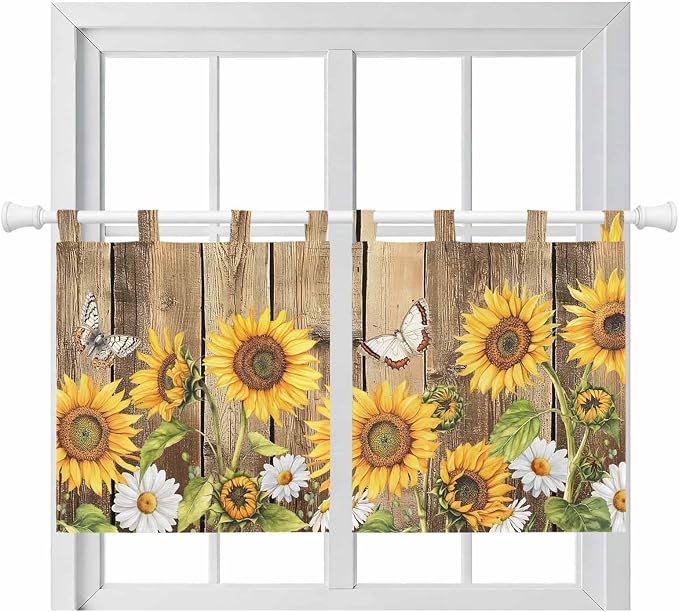 Farmhouse Sunflowers Kitchen Curtains 36 Inch Length, Small Window Curtains Tab