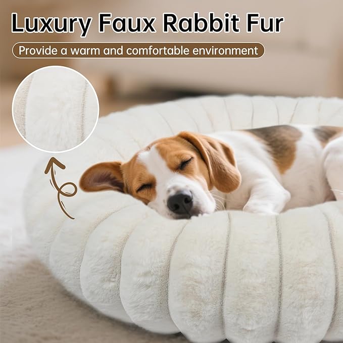 Donut Dog and Cat Bed, Luxurious Comfortable Faux Rabbit Fur Pet Beds, Soft Anti-Anxiety Calming Puppy Kitten Bed with Anti-Slip Bottom for Small Medium Dogs & Cats(23", White)
