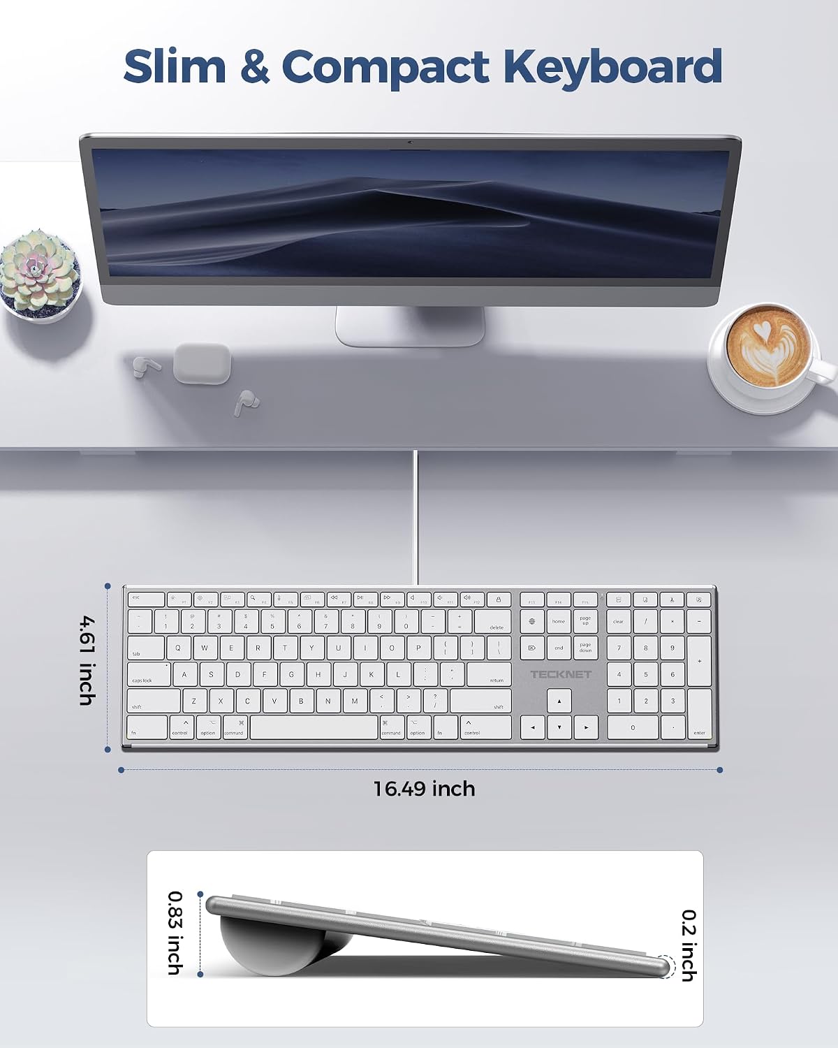 TECKNET Wired Keyboard for Mac, USB & Type-C Dual Interface, Silent Click
