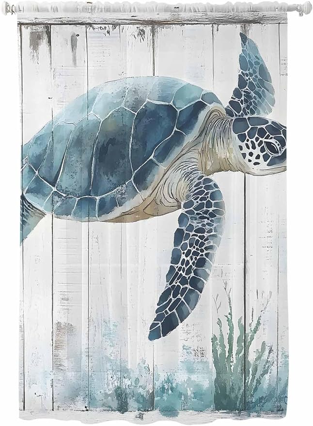 Sheer Curtains 72 Inches Long, Sea Turtle Teal Blue Semi Sheer Curtains Light