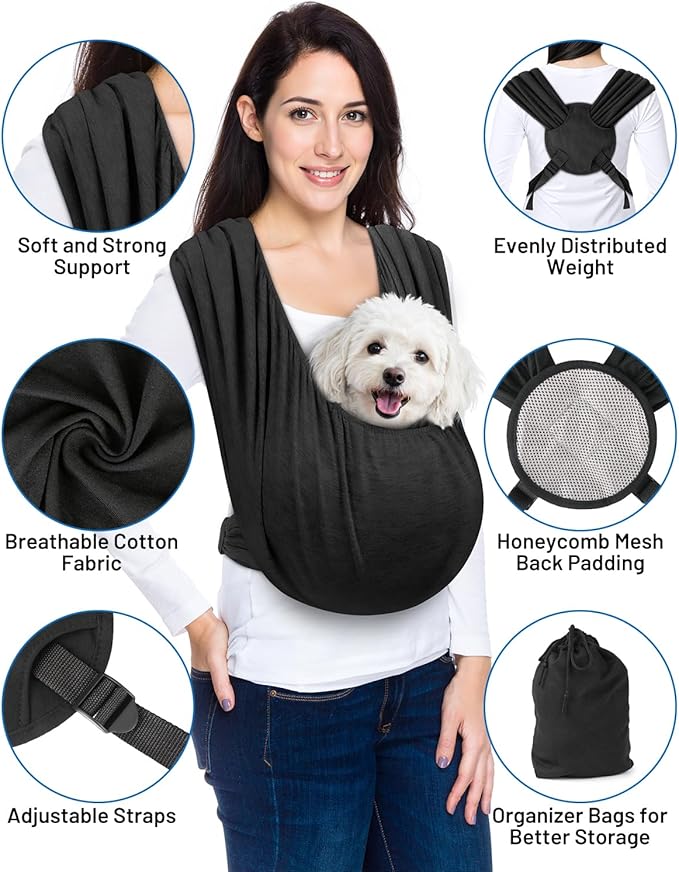 Dog Sling Carrier for Small Dogs, Front Pet Sling Carrier Chest, Adjustable Reducing Back Stress Cat Sling for Small Pet up to 20lbs, Hands Free Puppy Sling for Travel or Everyday Use (Black)