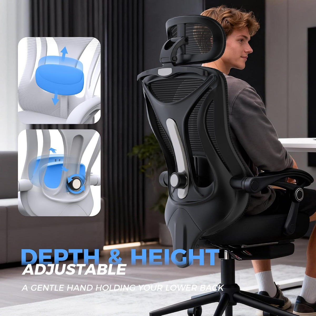 CYKOV Ergonomic Office Chair with Footrest, Reclining Mesh Back, 350 Lbs (Ink Black)