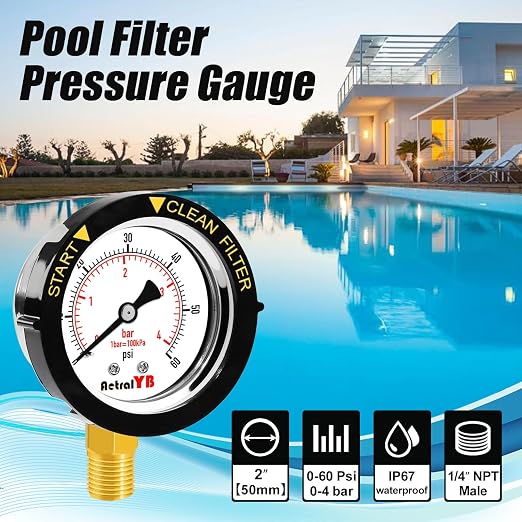 0-60PSI Pool Filter Pressure Gauge, 2 inches Dial, 1/4" NPT Bottom Mount