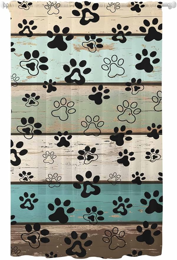 Sheer Curtains 108 Inches Long, Sage Green Brown Paw Prints Semi Sheer Curtains