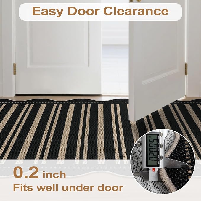 Striped Easy Jute Entryway Rug, 2x3 Black Indoor Outdoor Doormat, Washable