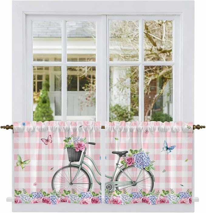 Spring Tier Curtains, Bicycles Leaves Butterfly Flowers Pink Buffalo Plaid